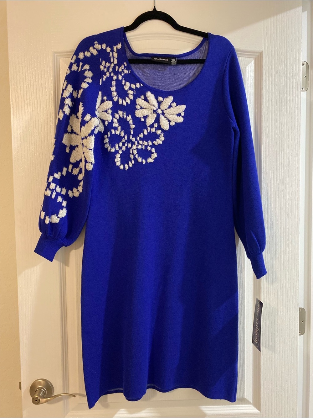 Nina Leonard Royal Blue Long Sleeve Floral Knit Dress